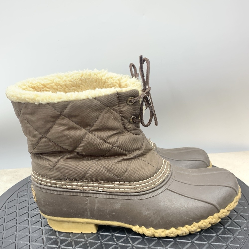 LL Bean Boots Women Size 7 Shoes Brown Quilted‎ Nylon Rubber Shearling Fleece